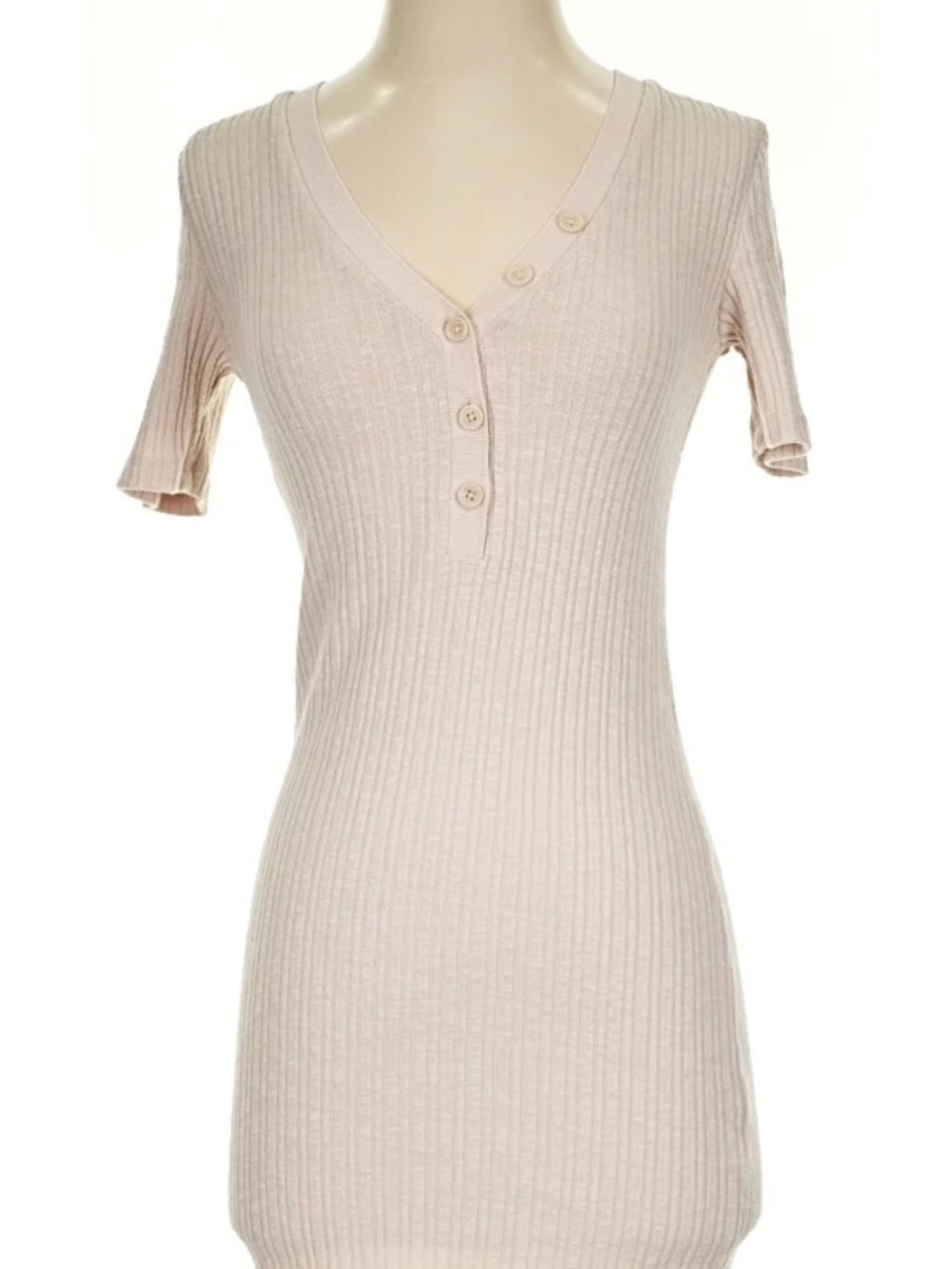 Mango Yoga Ribbed V-Neck Button Mini Dress Light Beige Casual Active M